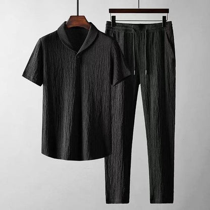 Men's Textured Short Sleeve Shirt and Trousers Set