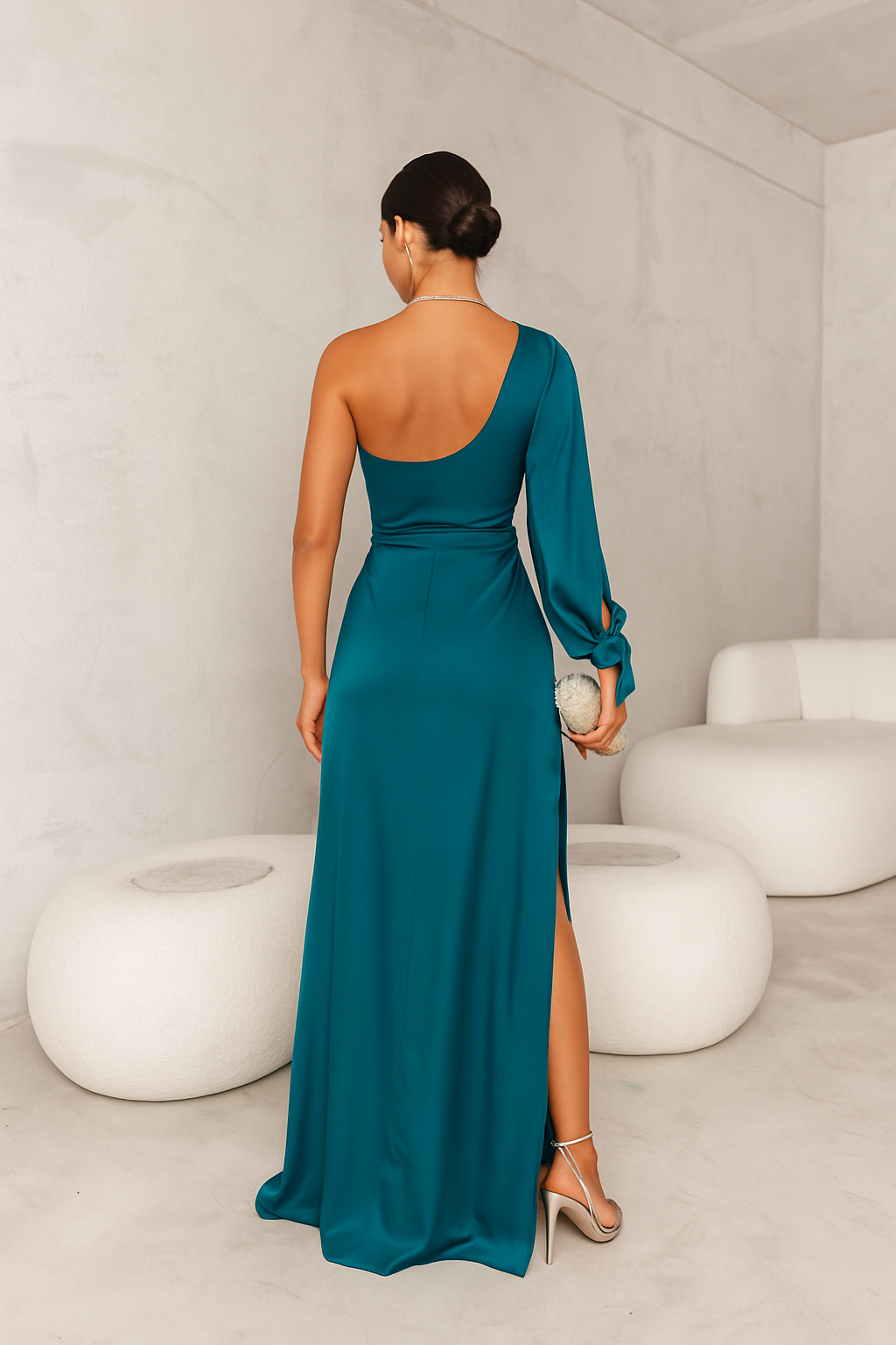 Women's One-Shoulder Satin Maxi Dress with Twist Detail