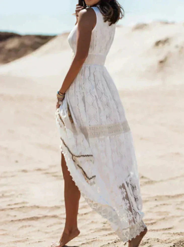 Women's V-Neck Lace Beach Maxi Dress with Drawstring