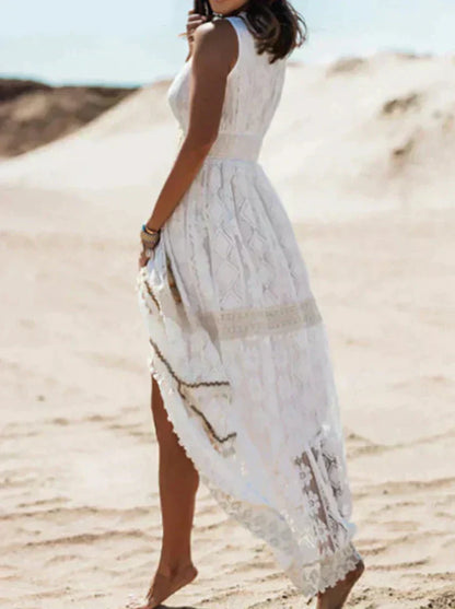 Women's V-Neck Lace Beach Maxi Dress with Drawstring