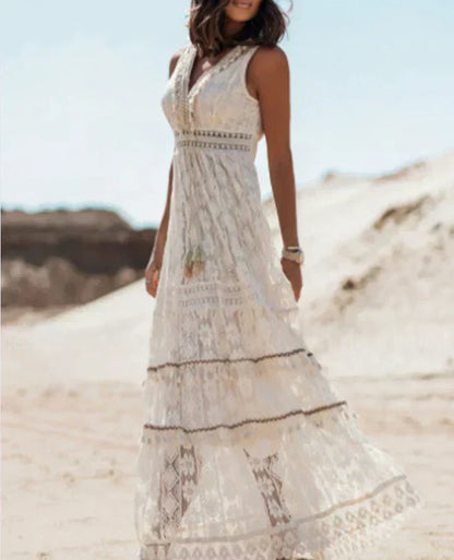 Women's V-Neck Lace Beach Maxi Dress with Drawstring