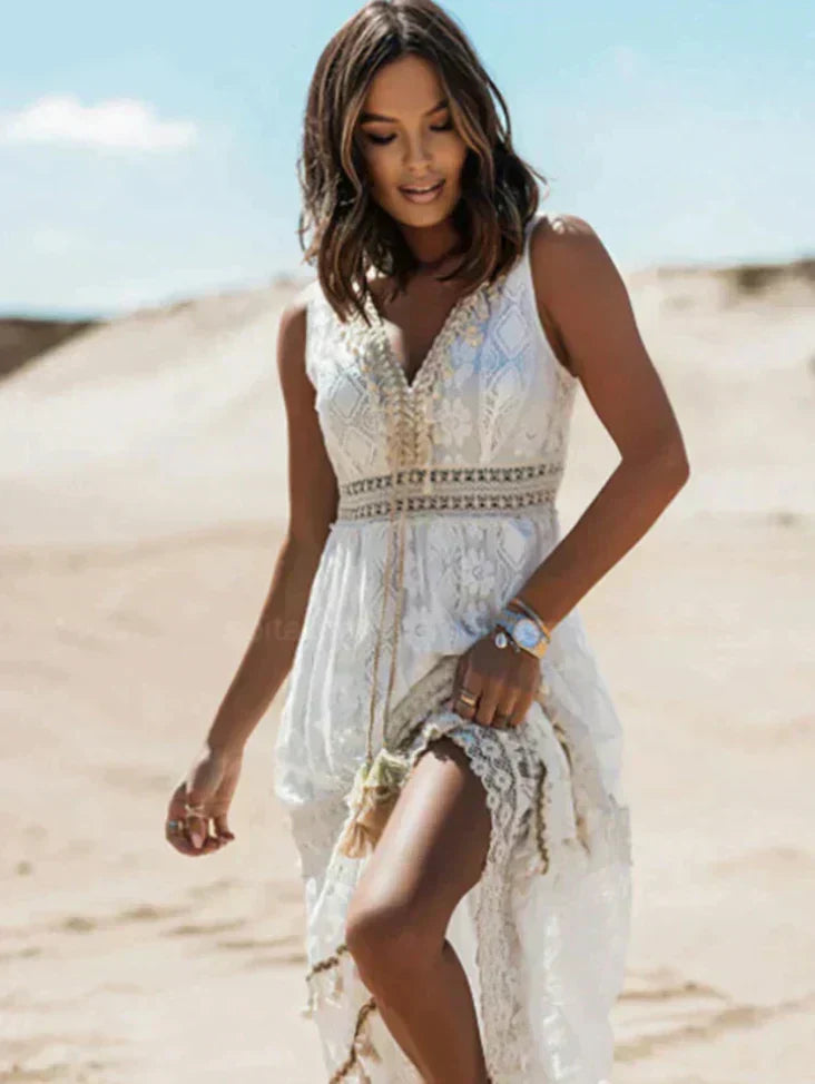 Women's V-Neck Lace Beach Maxi Dress with Drawstring