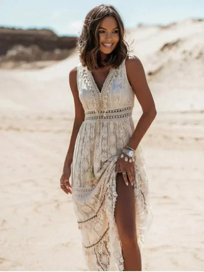 Women's V-Neck Lace Beach Maxi Dress with Drawstring