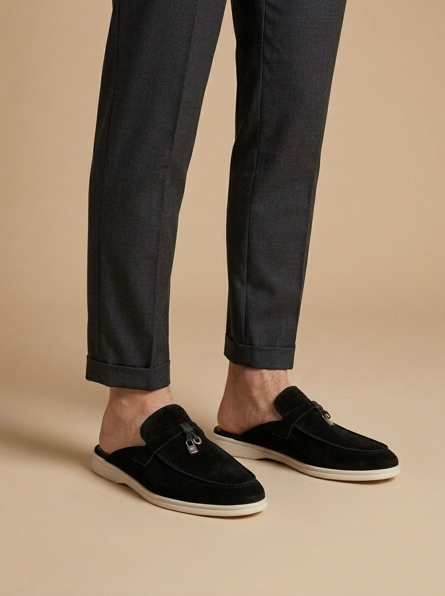 Men's Suede Mule Loafers - Open Back - Metal Bar Detail - Flat Rubber Sole 6