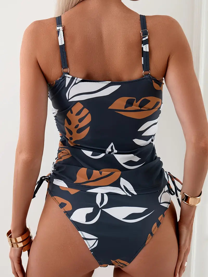 Women's Tropical Print Tankini Set with Adjustable Straps