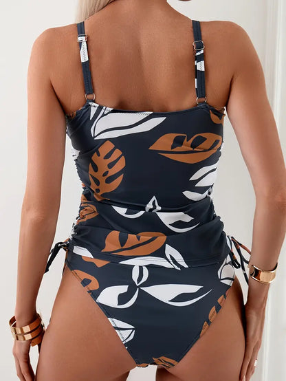 Women's Tropical Print Tankini Set with Adjustable Straps