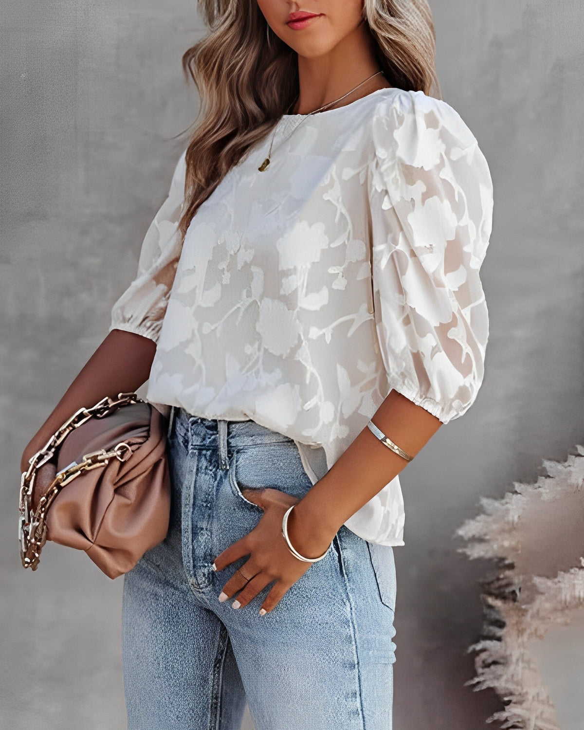 Women's Floral Puff Sleeve Blouse with Round Neck