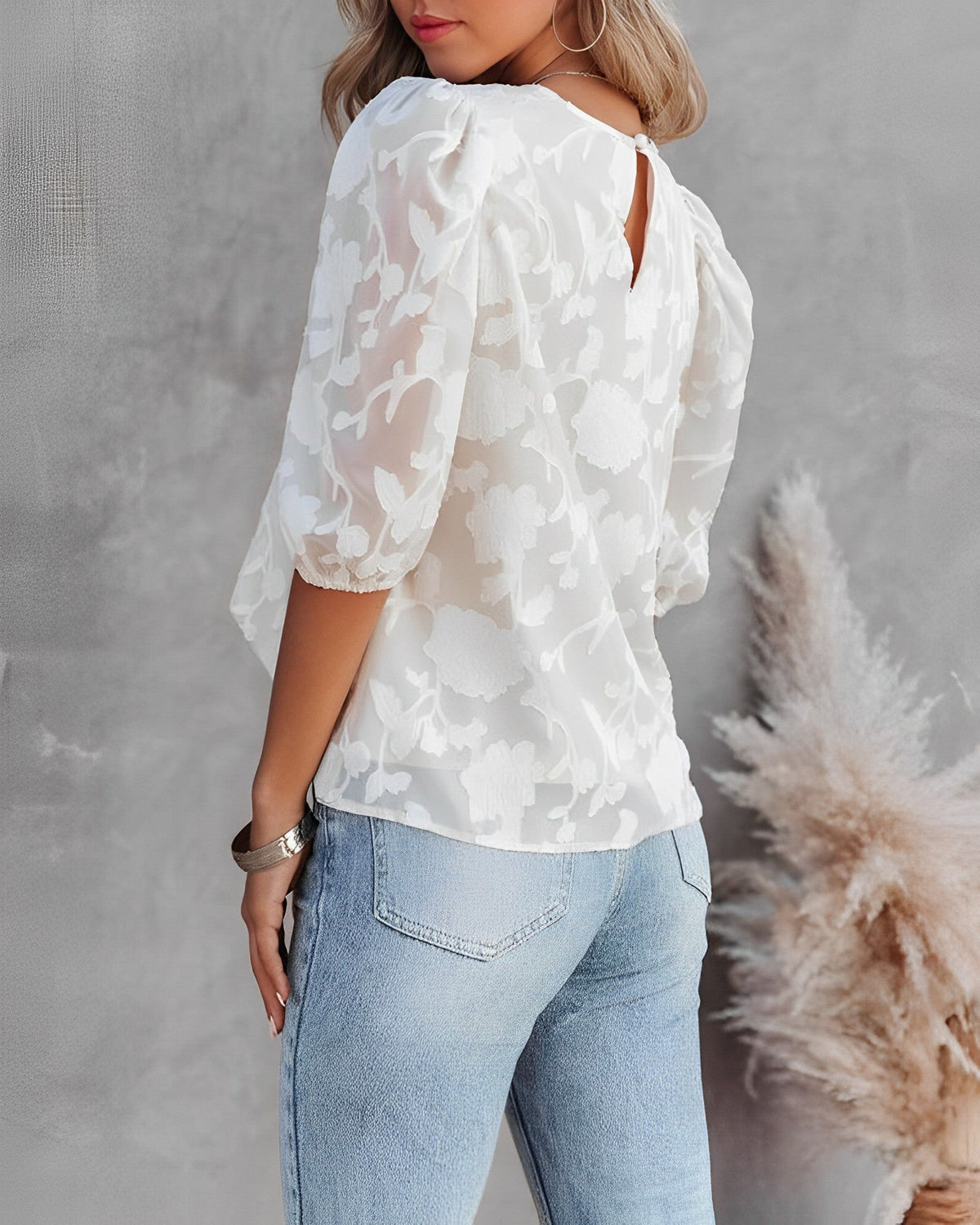 Women's Floral Puff Sleeve Blouse with Round Neck