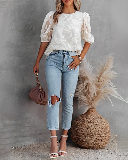 Women's Floral Puff Sleeve Blouse with Round Neck