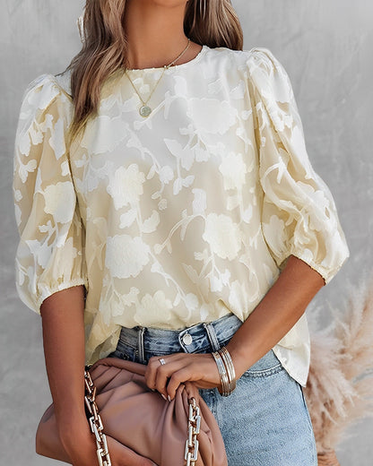 Women's Floral Puff Sleeve Blouse with Round Neck