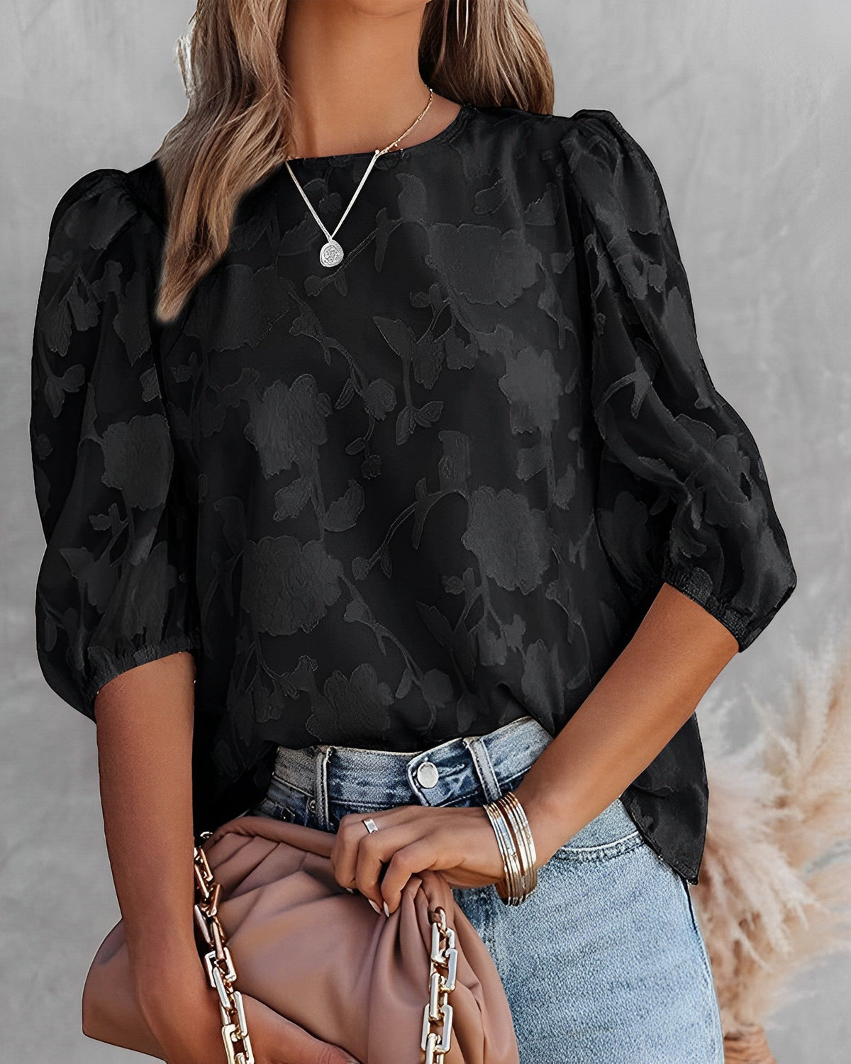 Women's Floral Puff Sleeve Blouse with Round Neck