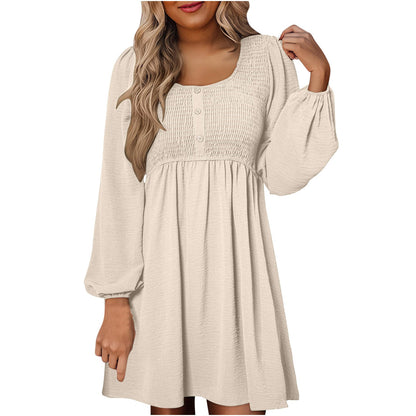 Women's Smocked Mini Dress with Square Neck and Long Sleeves
