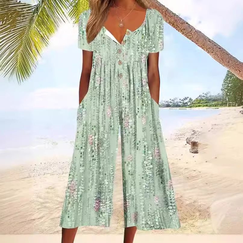 Women's Printed Wide Leg Jumpsuit with V Neck