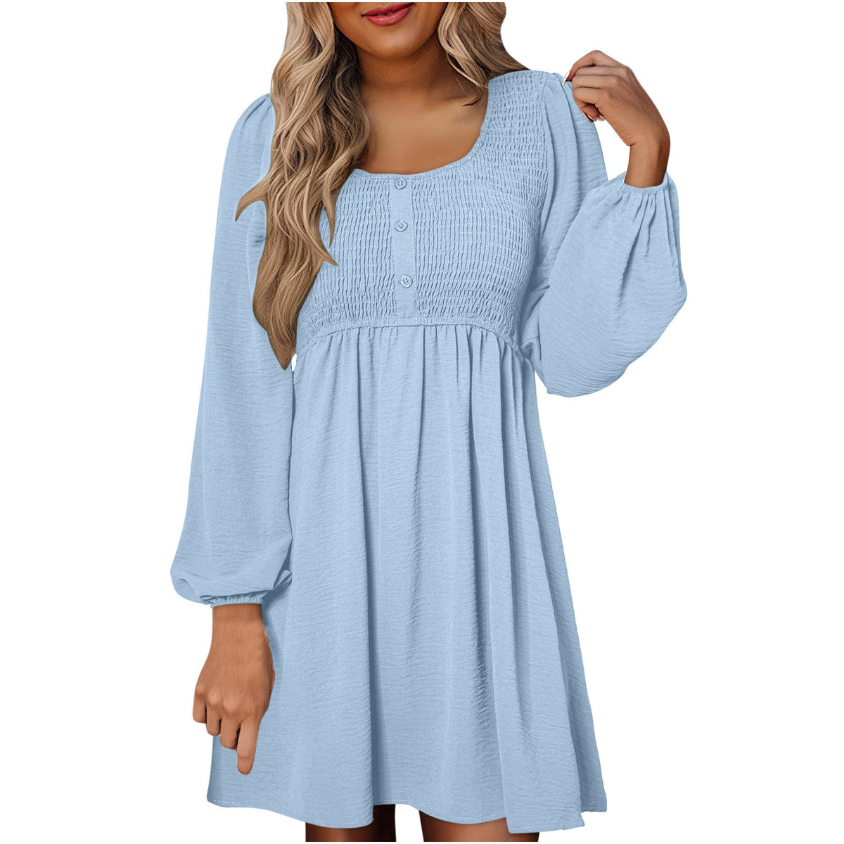 Women's Smocked Mini Dress with Square Neck and Long Sleeves