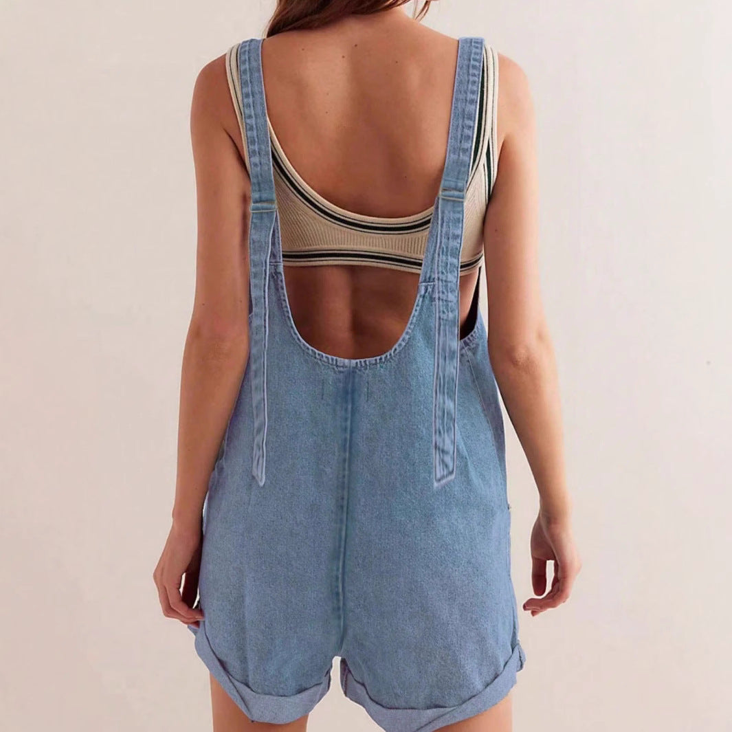 Women's Denim Short Overalls with Patch Pockets