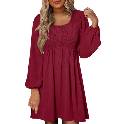 Women's Smocked Mini Dress with Square Neck and Long Sleeves