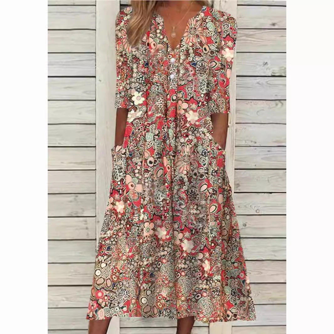 Women's Floral Midi Dress with V Neck and Pockets