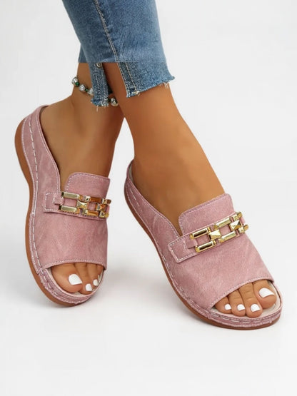 Women's Open Toe Slide Sandals with Gold Detail