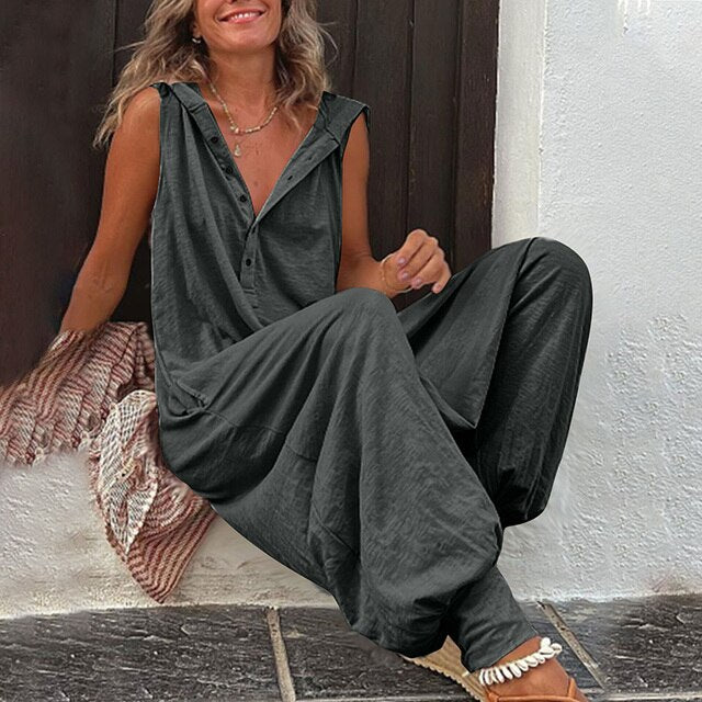 Women's Sleeveless Wide-Leg Jumpsuit with Buttons