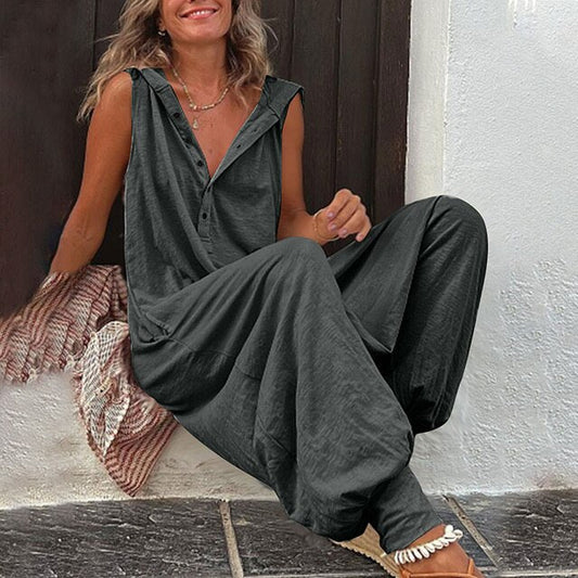 Women's Sleeveless Wide-Leg Jumpsuit with Buttons