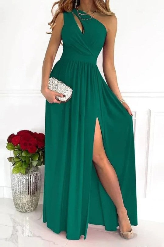 Women's One Shoulder Pleated Maxi Dress with Split