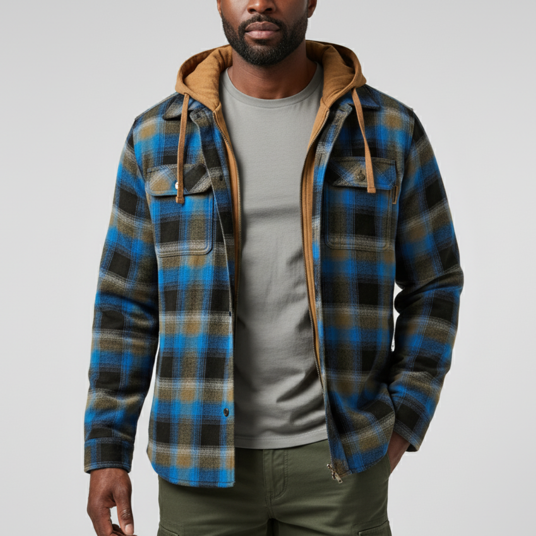 Rowan | Men's checked jacket with hood, pockets and buttons 0