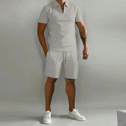 Men's Short Sleeve Zip Polo Shirt and Shorts Set
