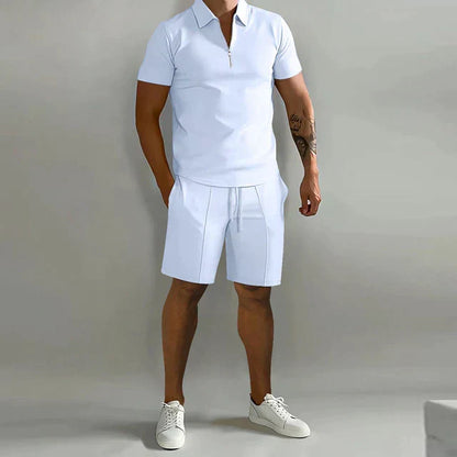 Men's Short Sleeve Zip Polo Shirt and Shorts Set