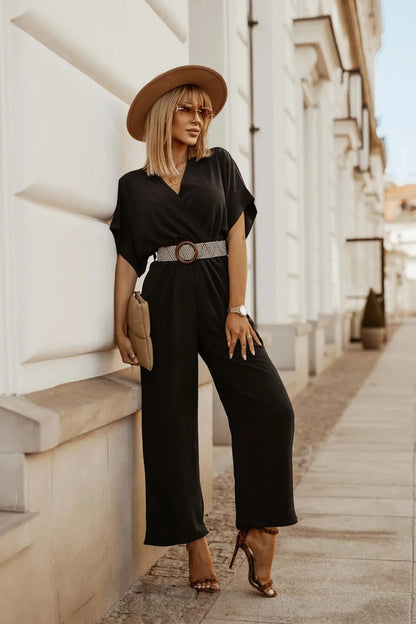 Women's Short Sleeve V-Neck Wide Leg Jumpsuit