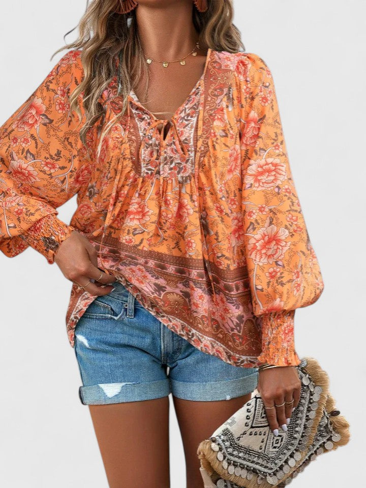 Women's Floral V-Neck Boho Blouse with Long Sleeves