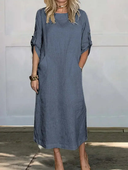Women's Linen Midi Dress with Pockets and Roll-Tab Sleeves