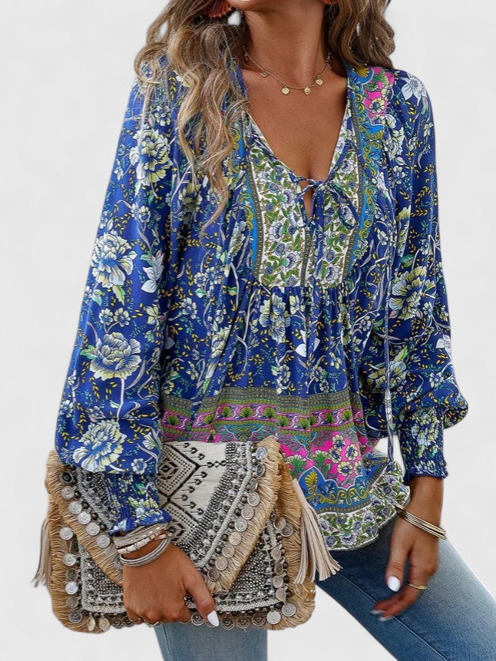 Women's Floral V-Neck Boho Blouse with Long Sleeves