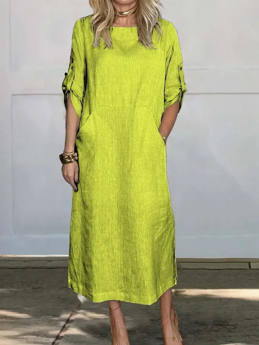 Women's Linen Midi Dress with Pockets and Roll-Tab Sleeves