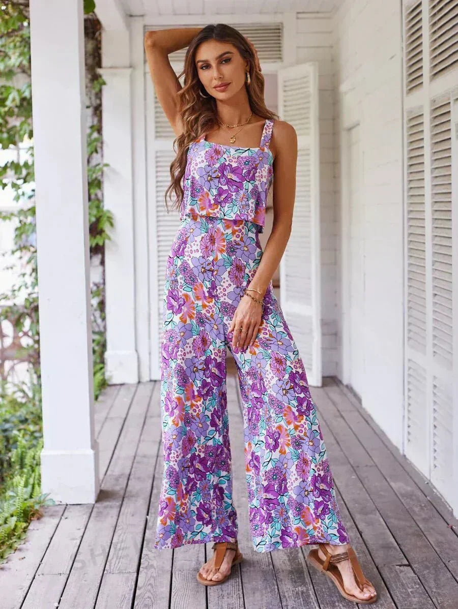 Women's Wide Leg Floral Jumpsuit with Open Back