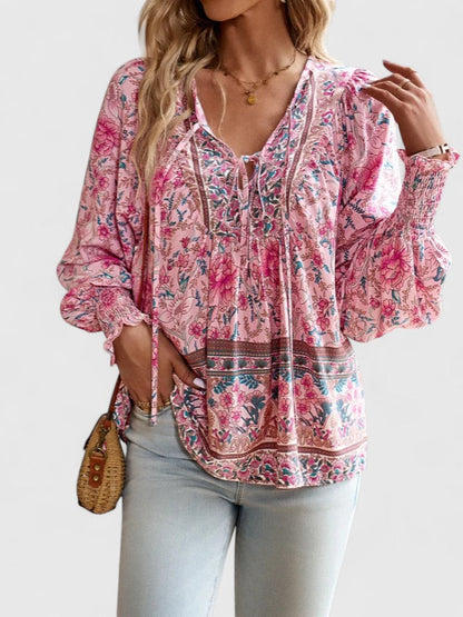 Women's Floral V-Neck Boho Blouse with Long Sleeves