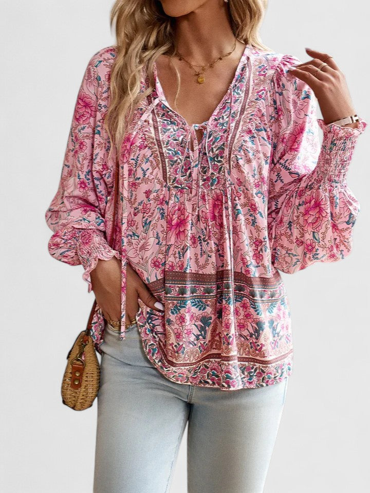 Women's Floral V-Neck Boho Blouse with Long Sleeves
