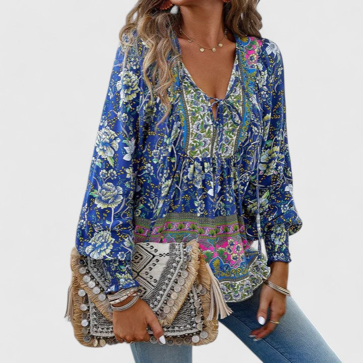 Women's Floral V-Neck Boho Blouse with Long Sleeves