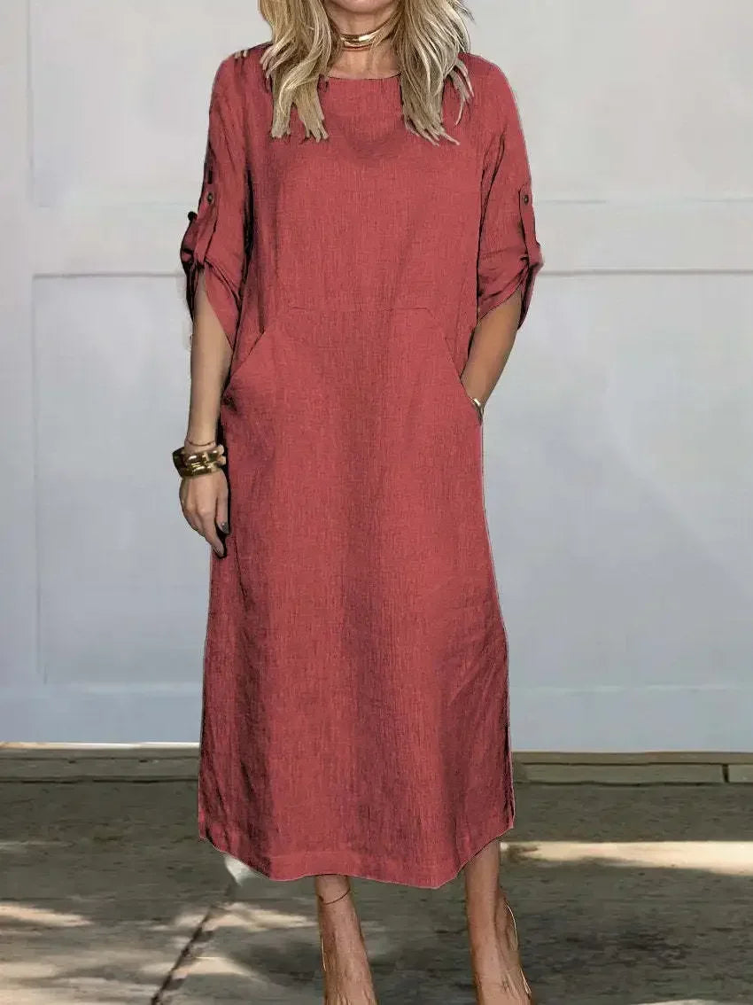 Women's Linen Midi Dress with Pockets and Roll-Tab Sleeves