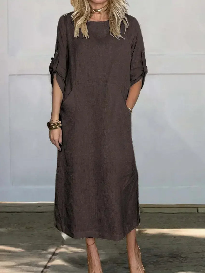 Women's Linen Midi Dress with Pockets and Roll-Tab Sleeves