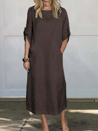 Women's Linen Midi Dress with Pockets and Roll-Tab Sleeves