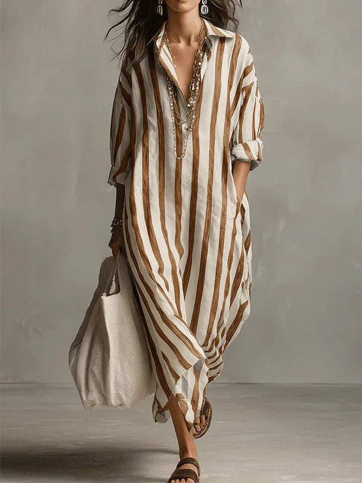 Women's Striped Maxi Shirt Dress with V Neck