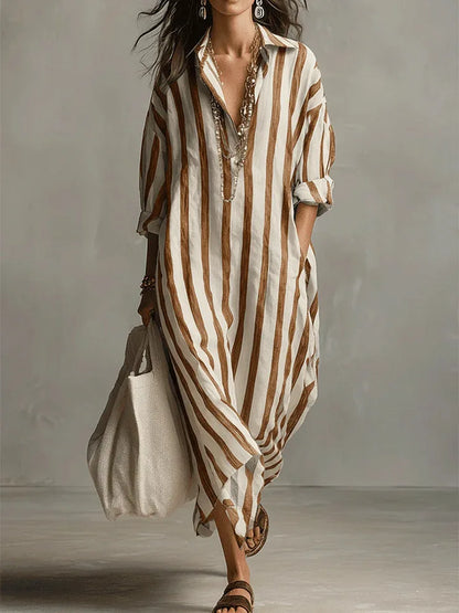 Women's Striped Maxi Shirt Dress with V Neck
