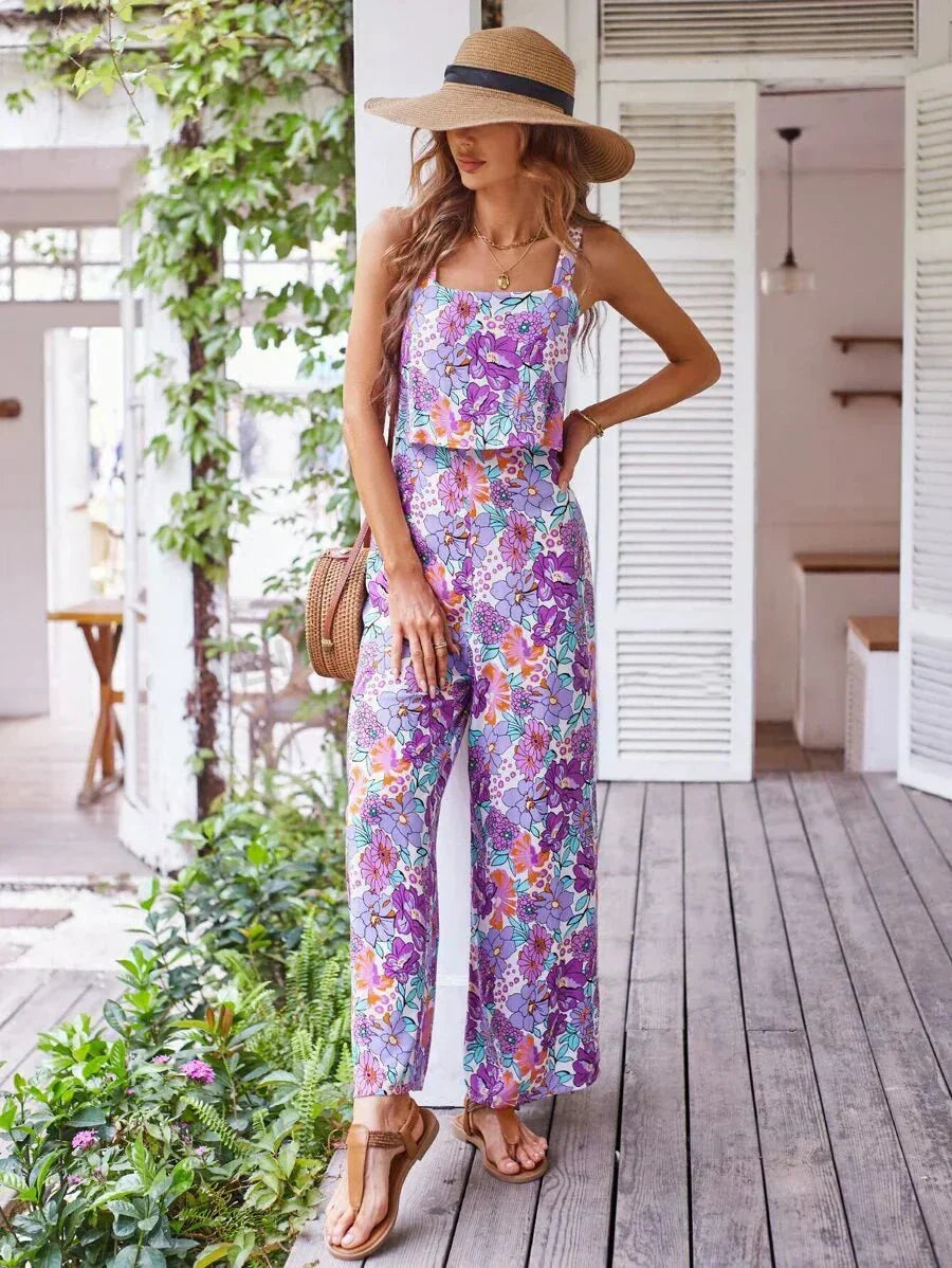 Women's Wide Leg Floral Jumpsuit with Open Back