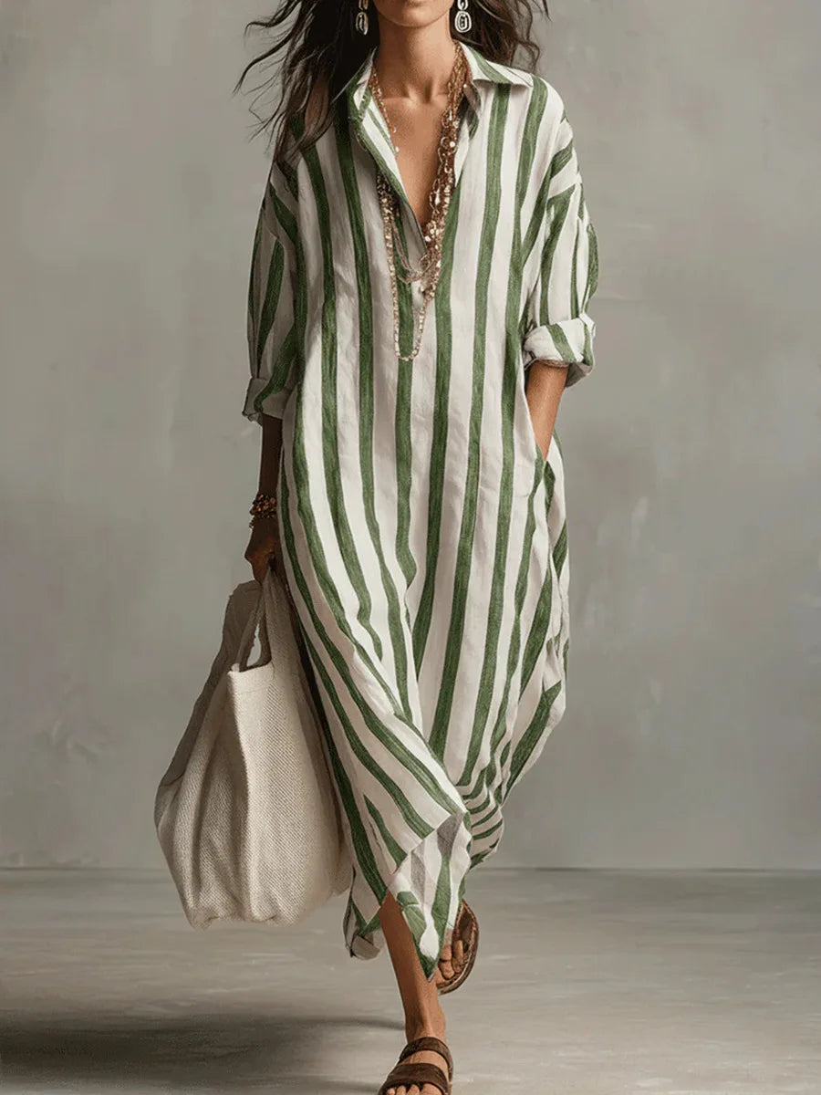 Women's Striped Maxi Shirt Dress with V Neck