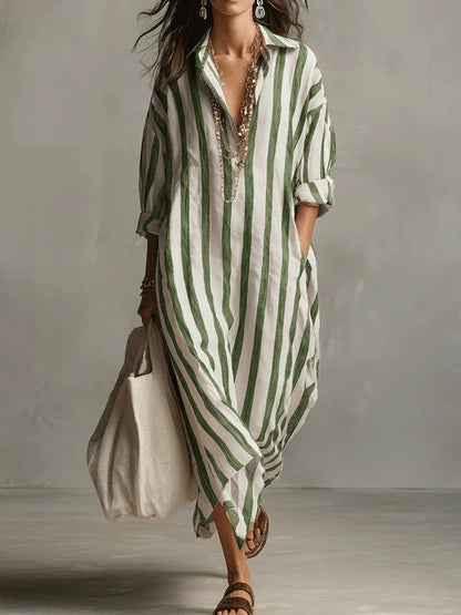 Women's Striped Maxi Shirt Dress with V Neck
