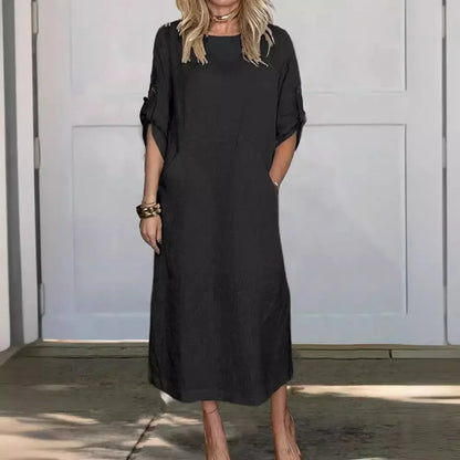 Women's Linen Midi Dress with Pockets and Roll-Tab Sleeves