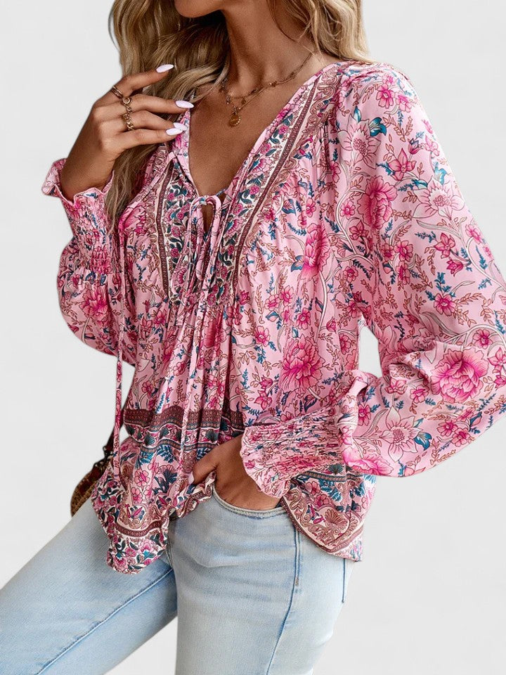 Women's Floral V-Neck Boho Blouse with Long Sleeves