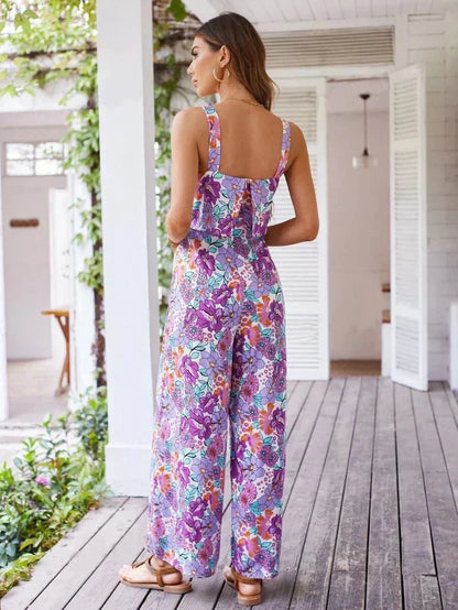 Women's Wide Leg Floral Jumpsuit with Open Back