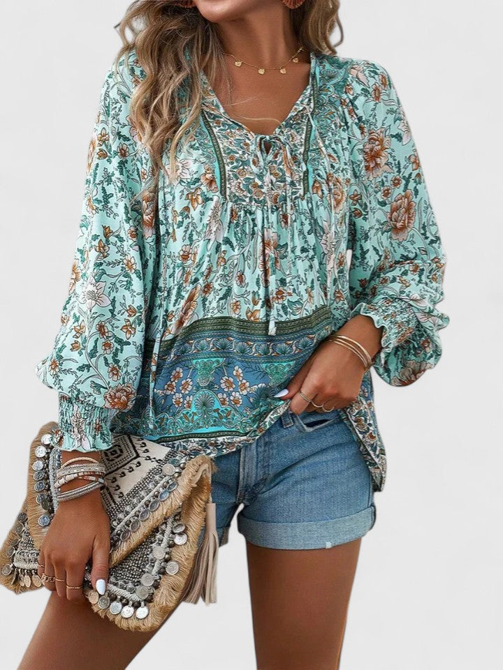Women's Floral V-Neck Boho Blouse with Long Sleeves