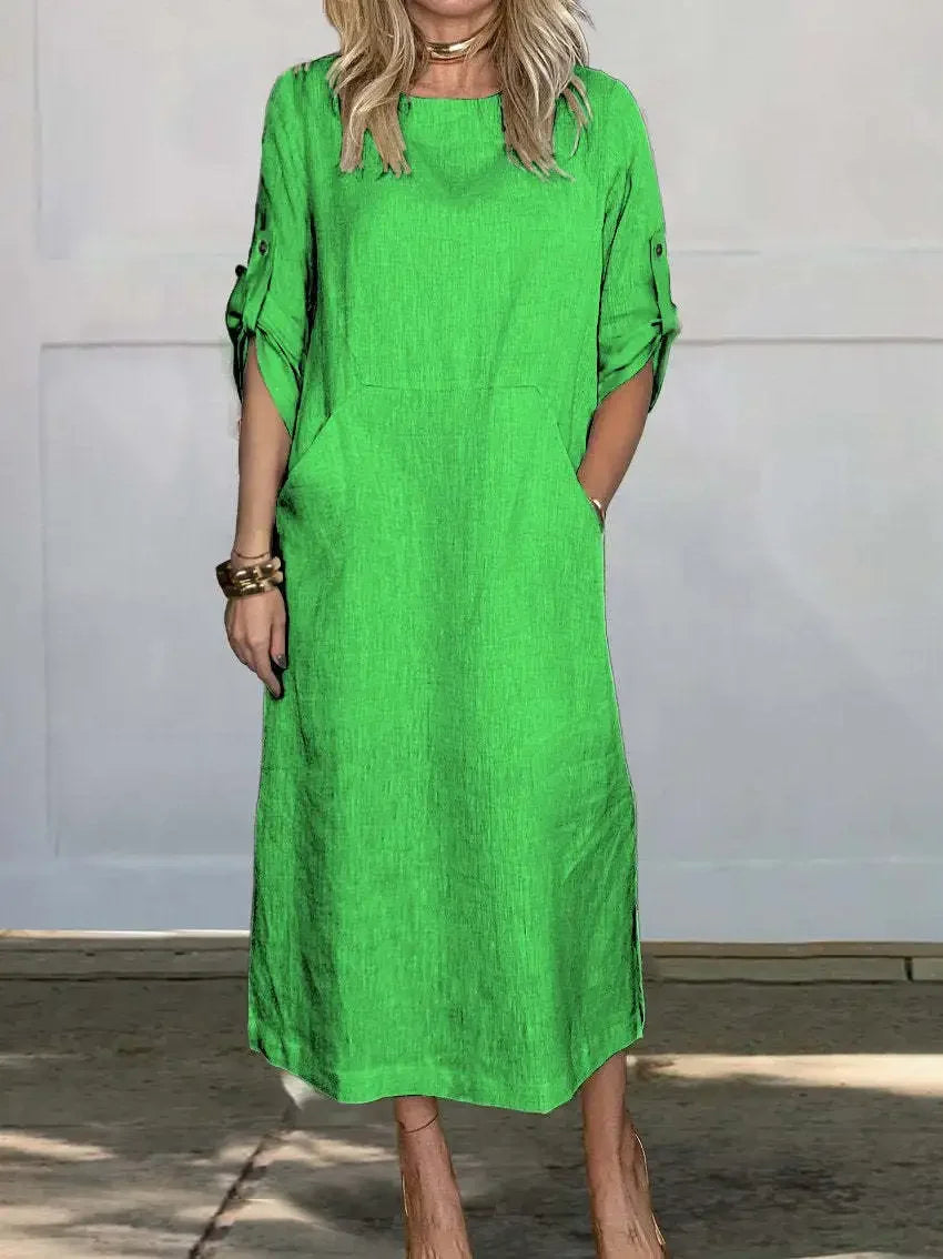 Women's Linen Midi Dress with Pockets and Roll-Tab Sleeves